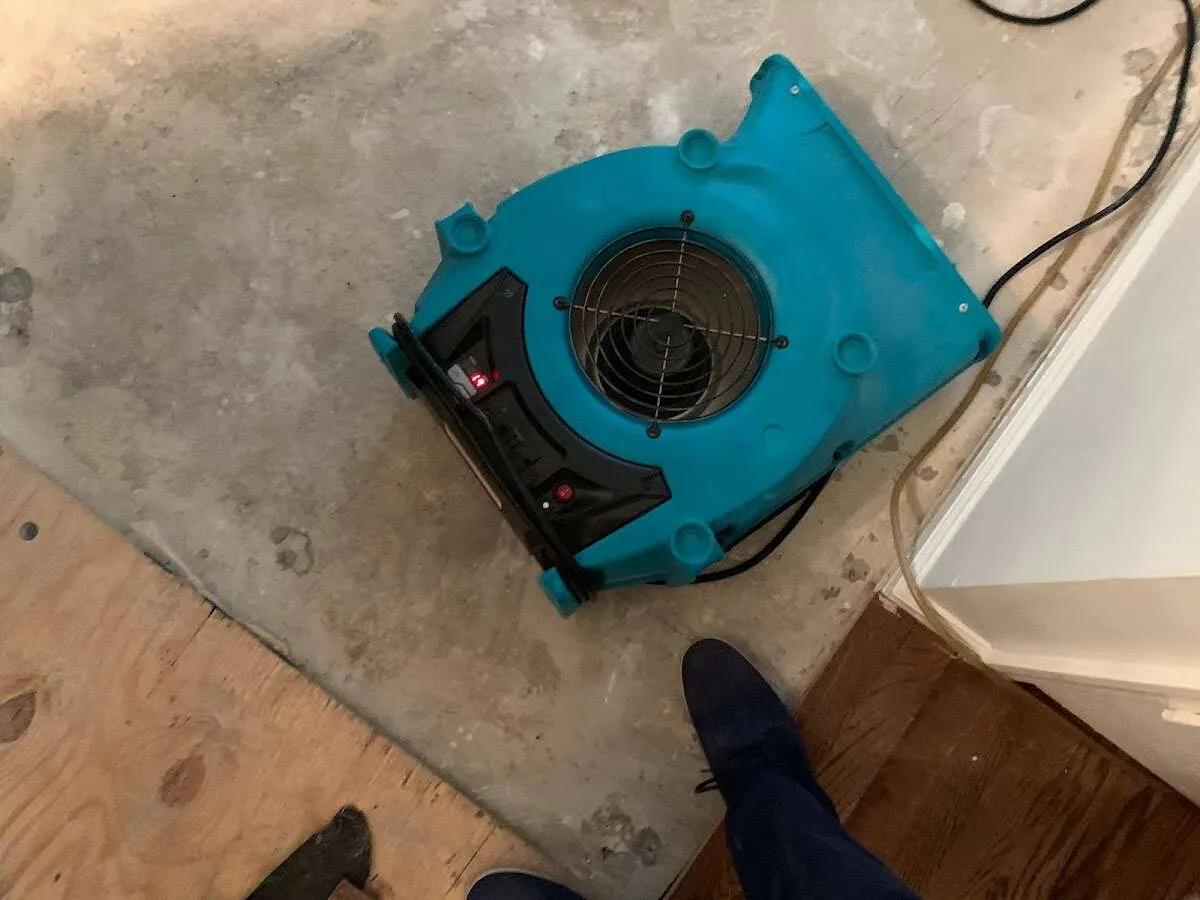 Air mover drying subfloor during Leak Detection & Repair in Fostoria